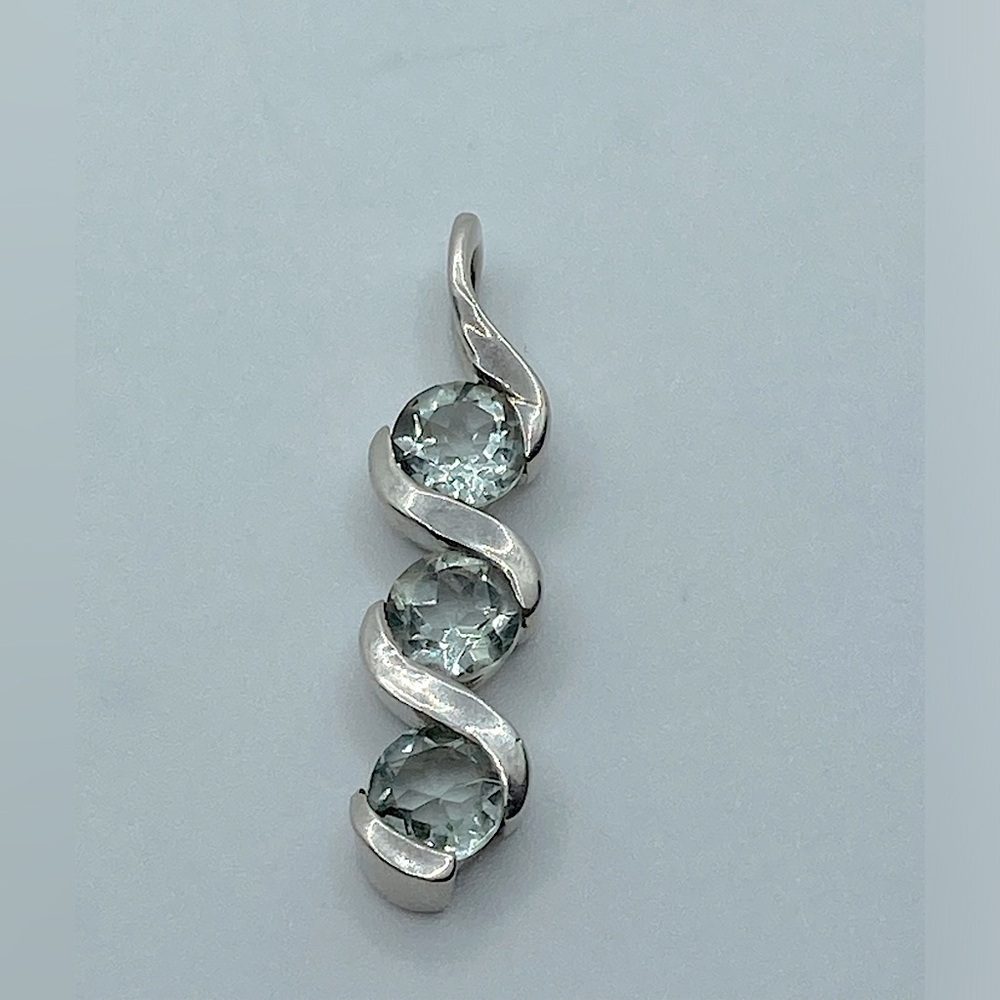 Vtg Green Amethyst Three Stone Sterling Drop Pendant 1.5”